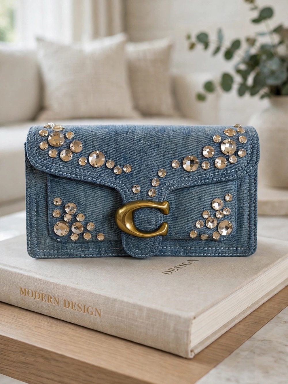 Coach Denim Crystal-Embellished Clutch - Blue with Gold Hardware